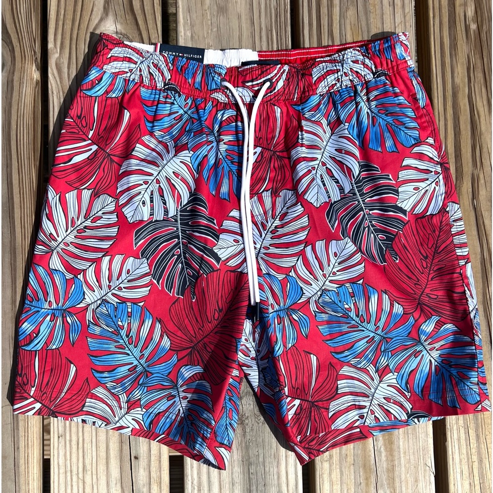 Tommy Hilfiger Sz S Red Tropical Print Swim Trunks! NEW!